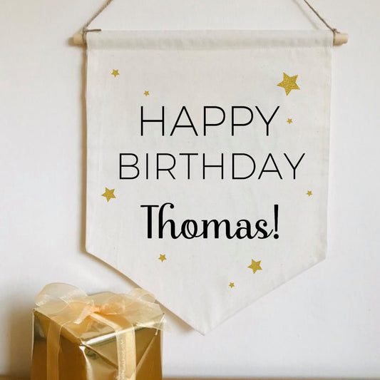 Personalised Birthday Cotton Banner, party decor, boy or girl, black gold natural, Canvas Wall Flag, Pennant, Wall Hanging