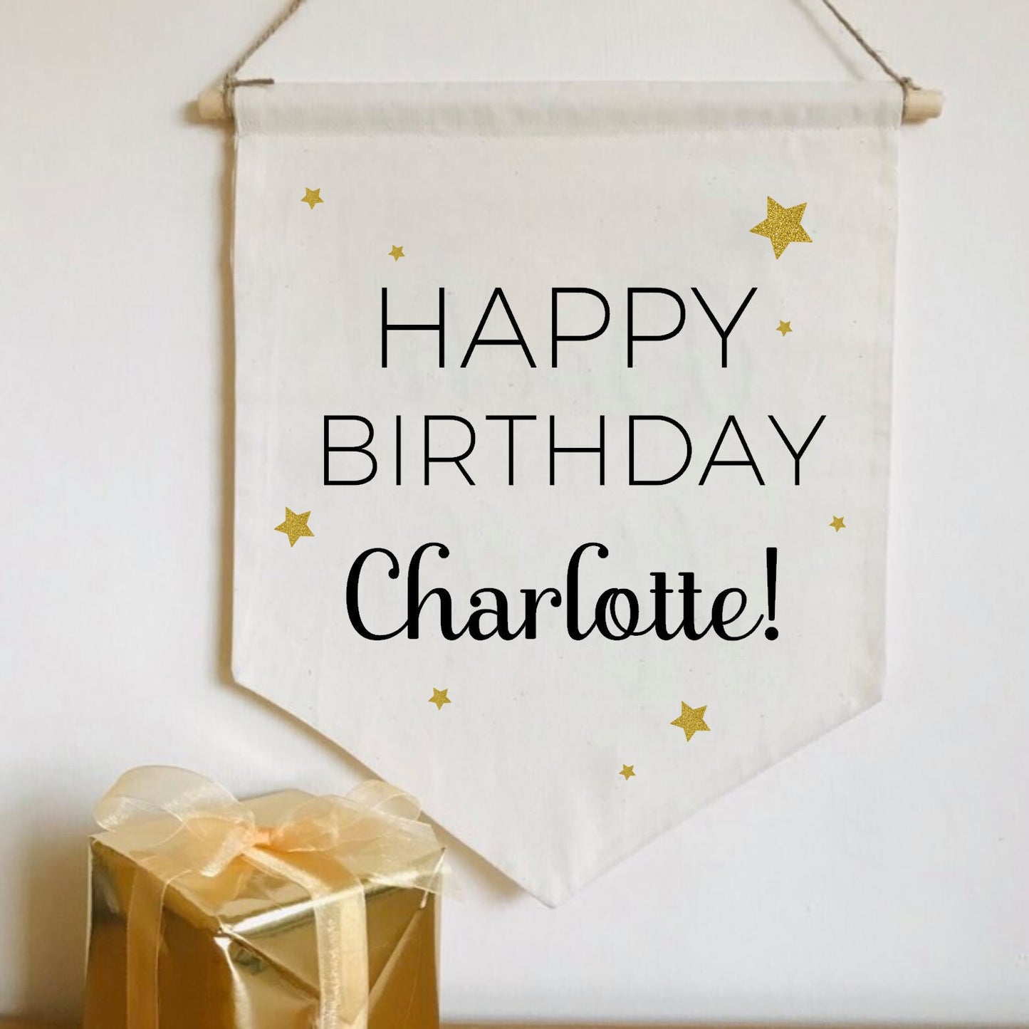 Personalised Birthday Cotton Banner, party decor, boy or girl, black gold natural, Canvas Wall Flag, Pennant, Wall Hanging