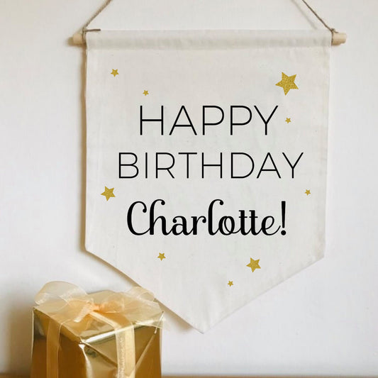 Personalised Birthday Cotton Banner, party decor, boy or girl, black gold natural, Canvas Wall Flag, Pennant, Wall Hanging