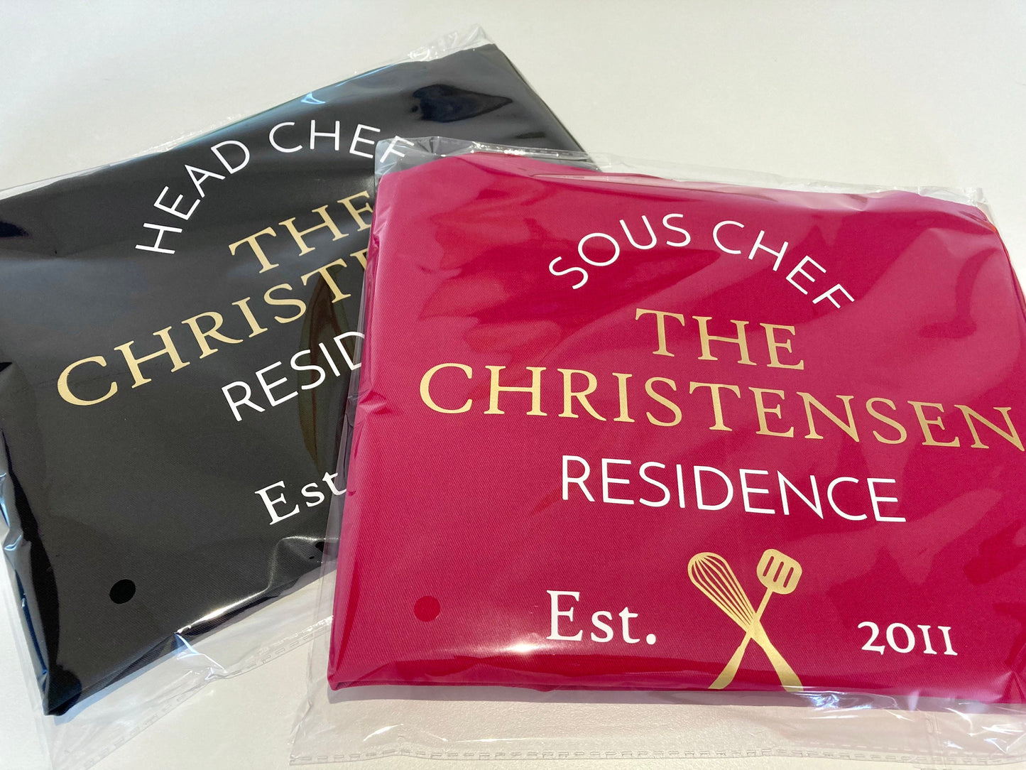 Couples Set of 2 Aprons - Head / Sous chef - Personalised 2nd Wedding Anniversary Gift - Mr & Mrs -  Custom married name est year