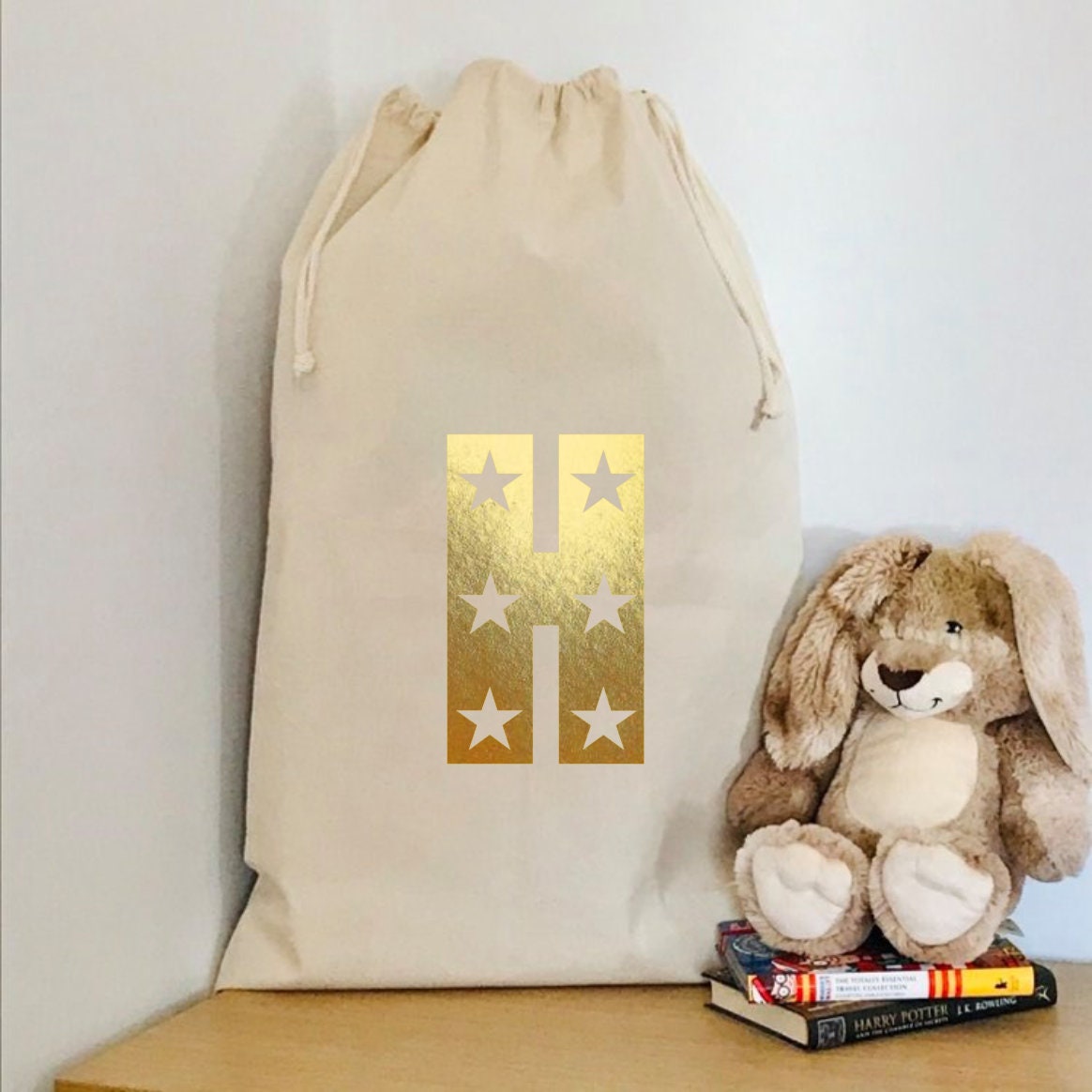 Canvas drawstring toy sack, Childs bedroom storage bag, initial, personalised, name, gold stars