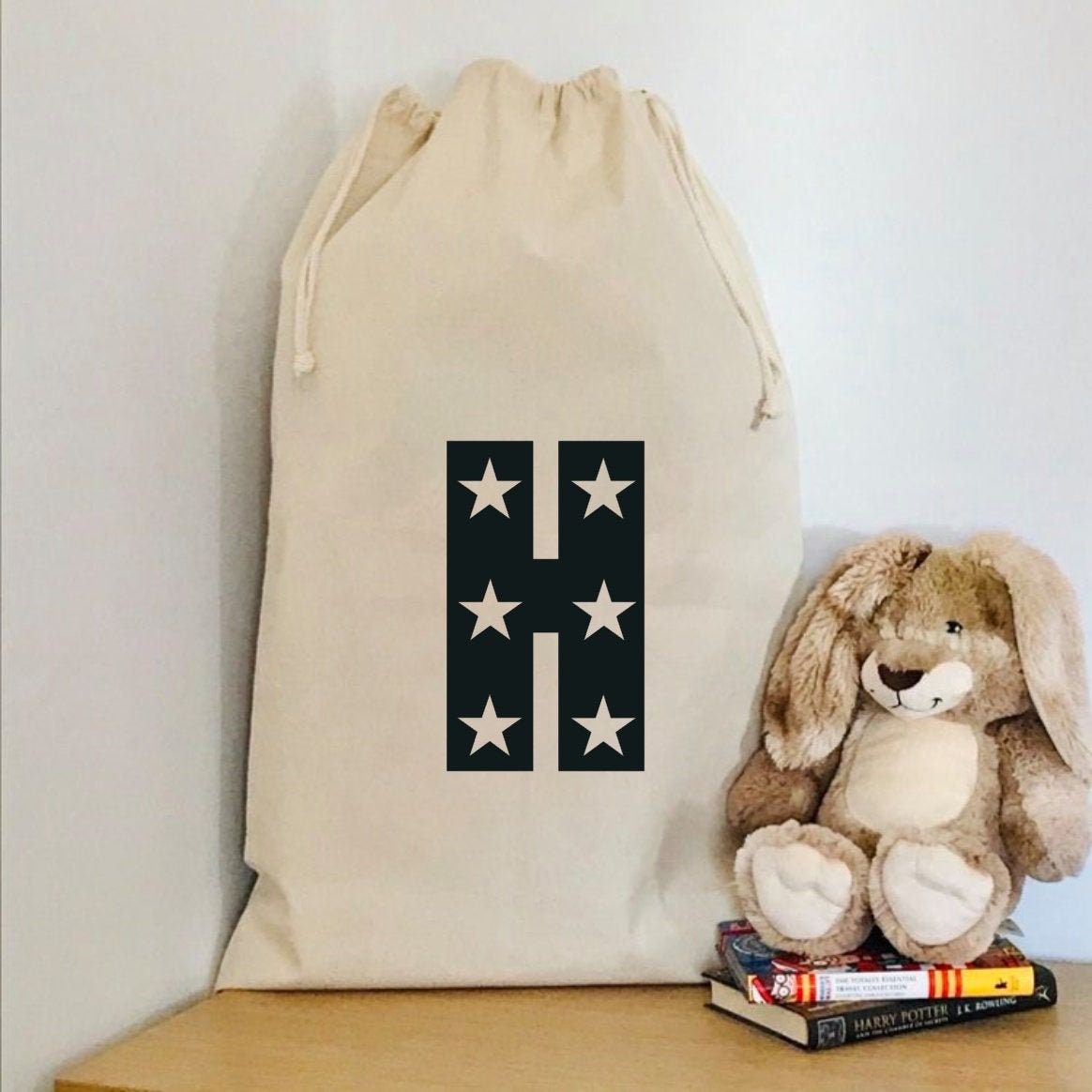 Canvas drawstring toy sack, Childs bedroom storage bag, initial, personalised, name, gold stars