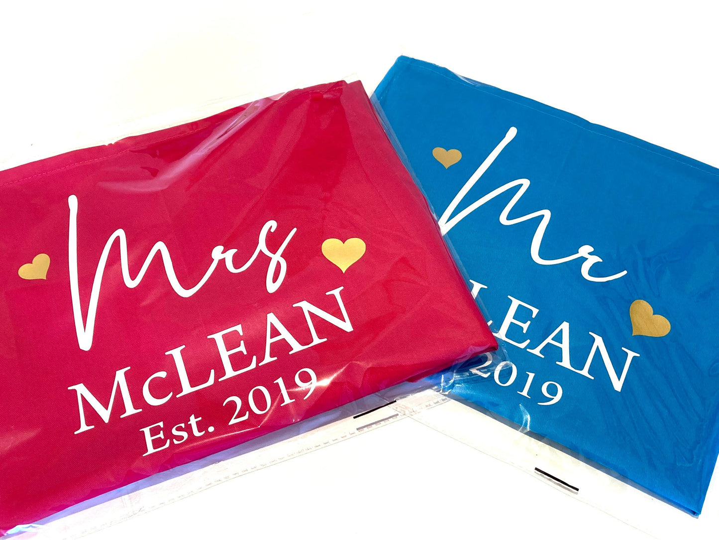 Couples Set of 2 Aprons - Personalised 2nd Wedding Anniversary Gift - Mr & Mrs -  Custom married name est year