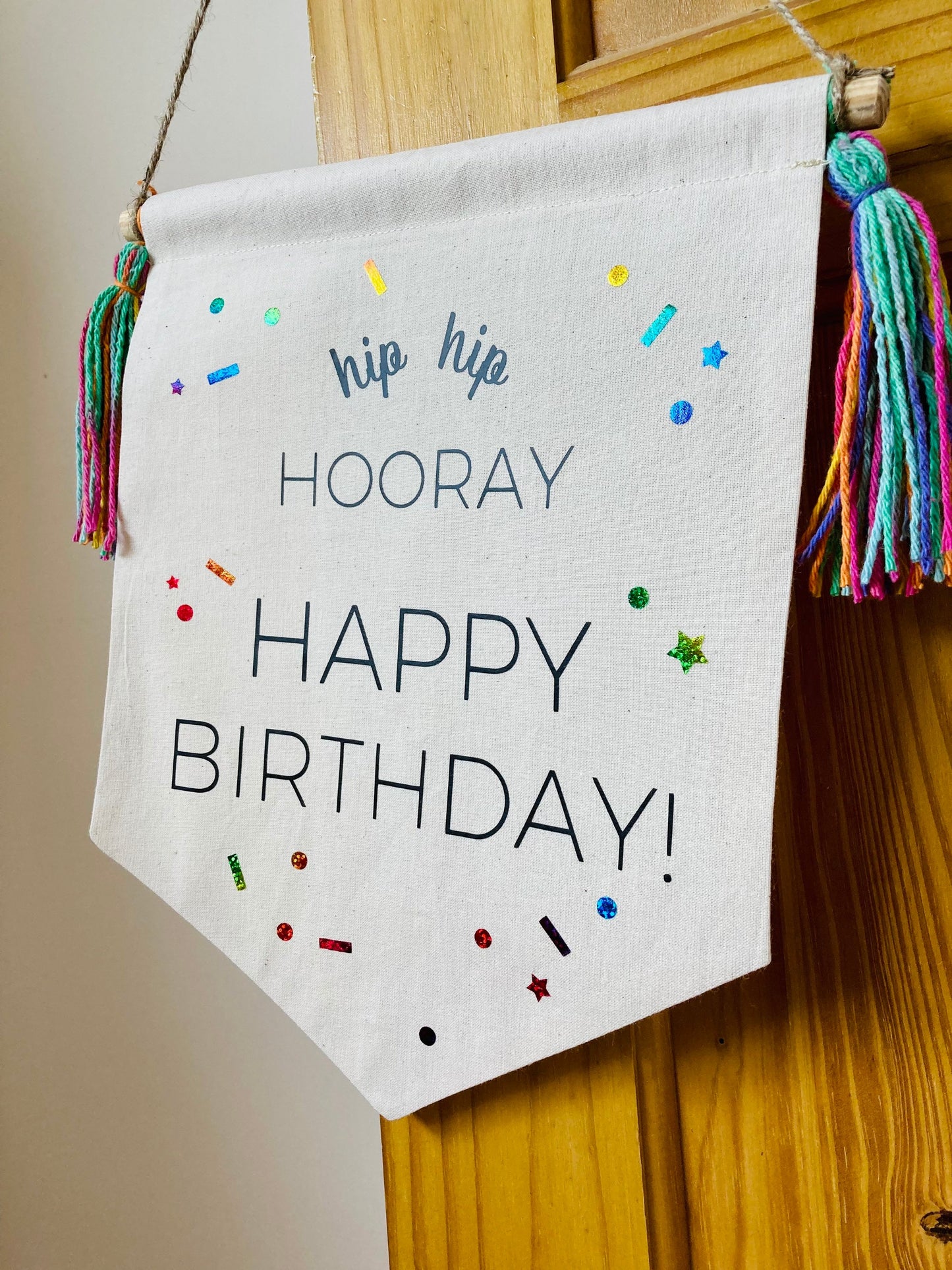 Birthday Cotton Banner, party decor, boy or girl, rainbow sprinkles and confetti, Canvas Wall Flag, Pennant, Wall Hanging