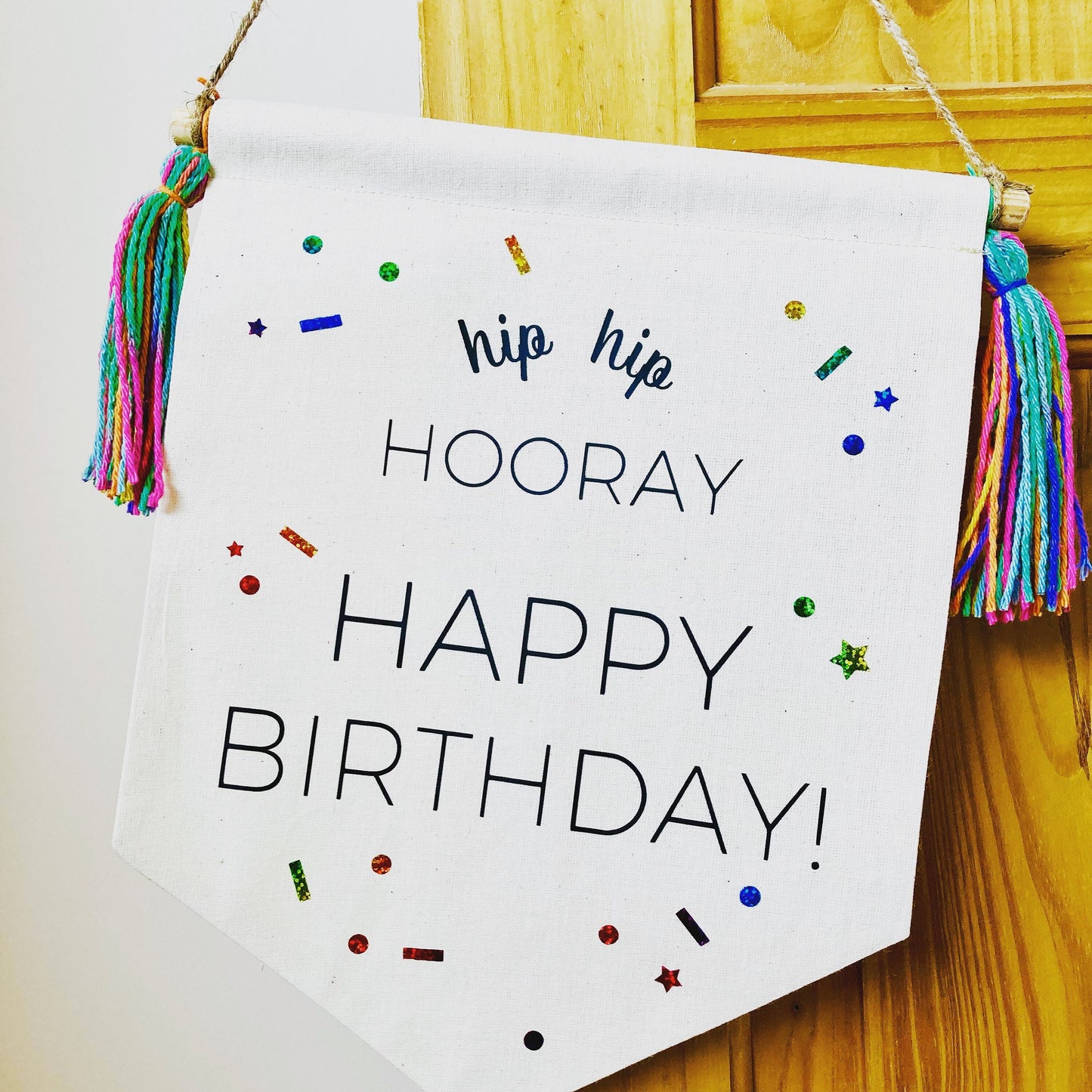Birthday Cotton Banner, party decor, boy or girl, rainbow sprinkles and confetti, Canvas Wall Flag, Pennant, Wall Hanging