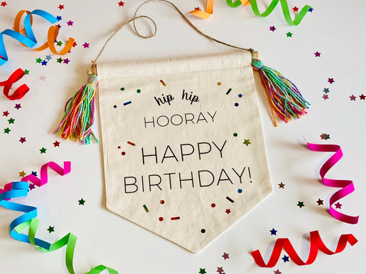 Birthday Cotton Banner, party decor, boy or girl, rainbow sprinkles and confetti, Canvas Wall Flag, Pennant, Wall Hanging