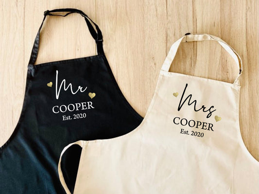 Couples Set of 2 Aprons - Personalised 2nd Wedding Anniversary Gift - Mr & Mrs -  Custom married name est year