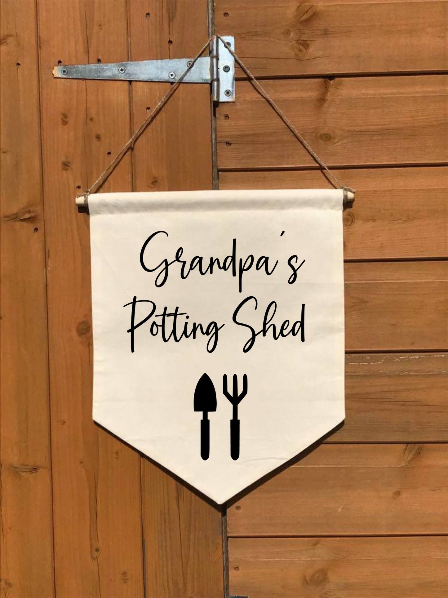 Potting Shed, Cotton Canvas Banner, gardening gift, gift for grandad, Wall Flag, Pennant, Wall Hanging, natural calico, personalised