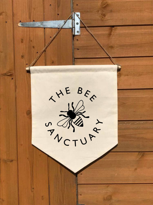 Bee Sanctuary, Cotton Canvas Banner, gardening gift, Easter, Wall Flag, Pennant, Wall Hanging, natural calico, garden, allotment, childs