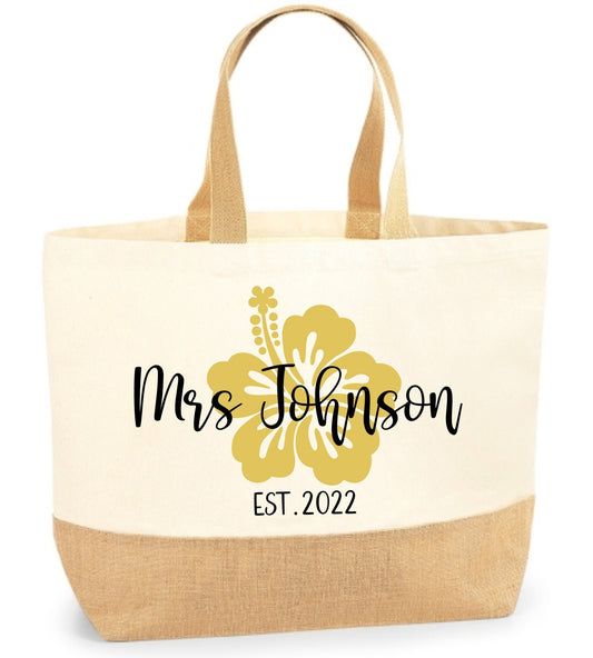 Canvas Beach Tote Bag, Mrs Est year, Honeymoon, Holiday, tropical theme, gold hibiscus, jute canvas natural, personalised XL shopper bag