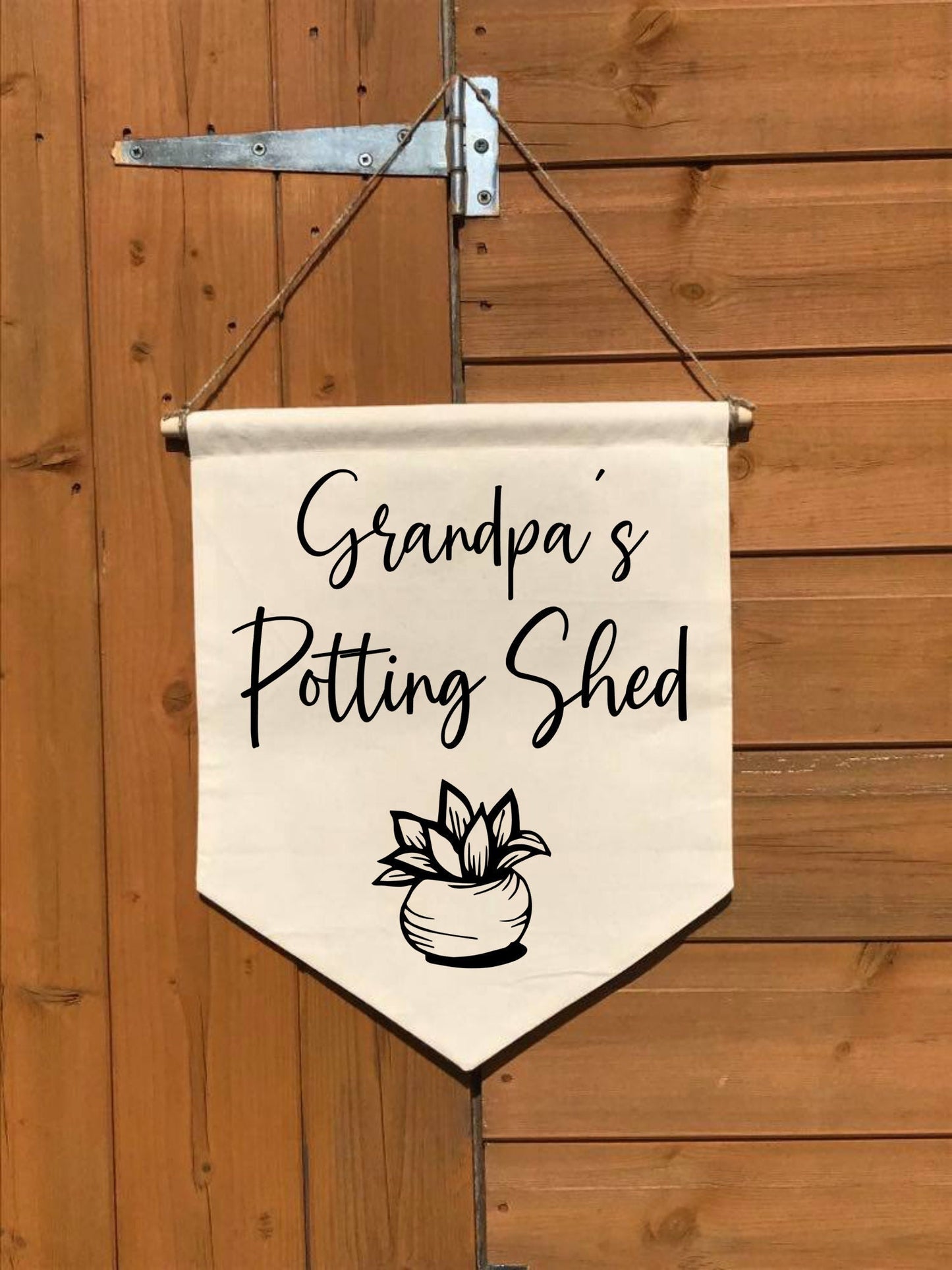 Potting Shed, Cotton Canvas Banner, gardening gift, gift for grandad, Wall Flag, Pennant, Wall Hanging, natural calico, personalised