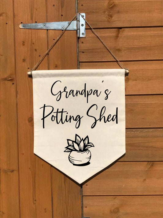 Potting Shed, Cotton Canvas Banner, gardening gift, gift for grandad, Wall Flag, Pennant, Wall Hanging, natural calico, personalised