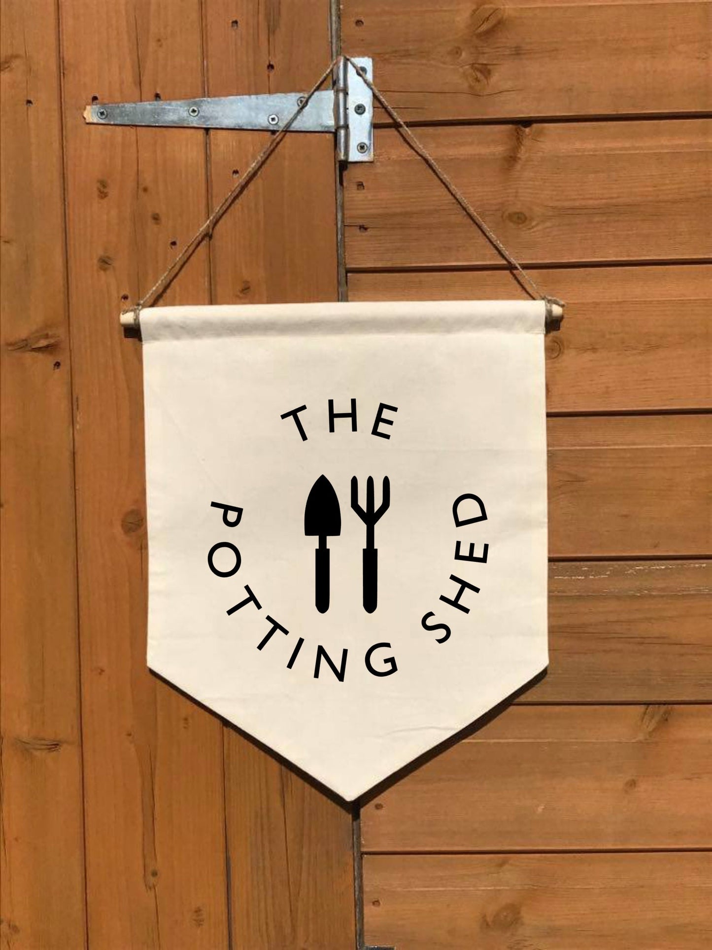 Potting Shed, Cotton Canvas Banner, gardening gift, gift for grandad, Wall Flag, Pennant, Wall Hanging, natural calico, plant, growing