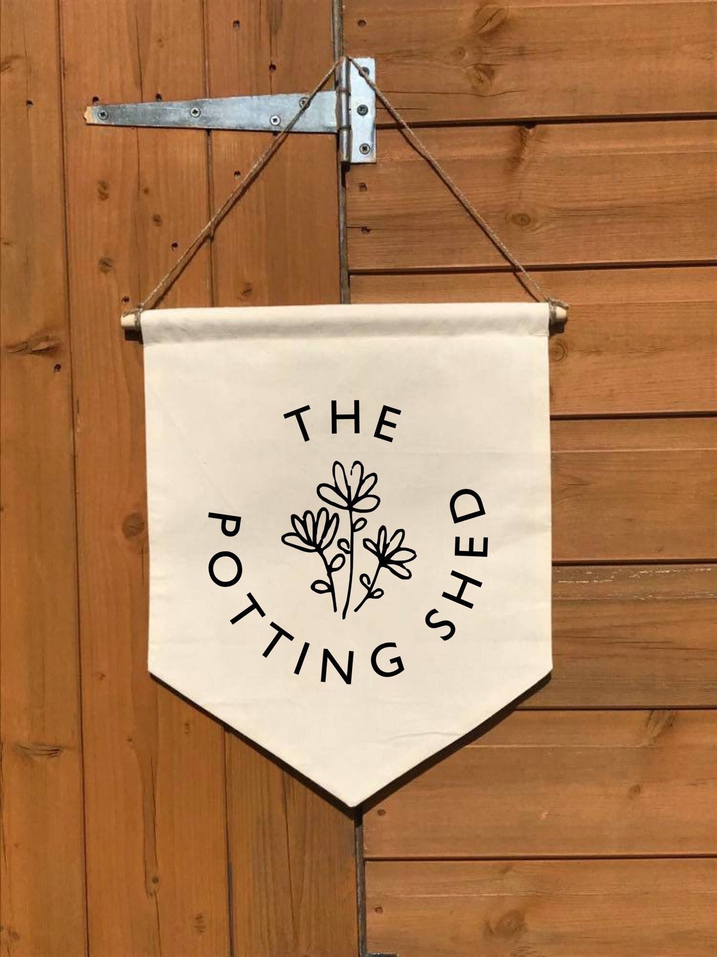 Potting Shed, Cotton Canvas Banner, gardening gift, gift for grandad, Wall Flag, Pennant, Wall Hanging, natural calico, plant, growing