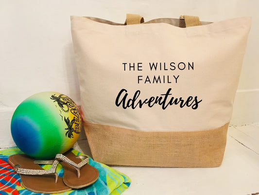 Personalised Canvas Shopper Tote Bag, Family Adventures, Mothers day gift, jute canvas natural, gift for mums, beach bag, day trip, holiday
