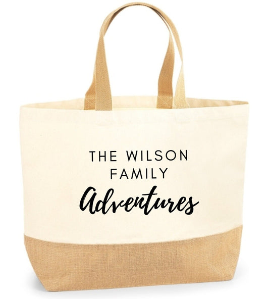 Personalised Canvas Shopper Tote Bag, Family Adventures, Mothers day gift, jute canvas natural, gift for mums, beach bag, day trip, holiday
