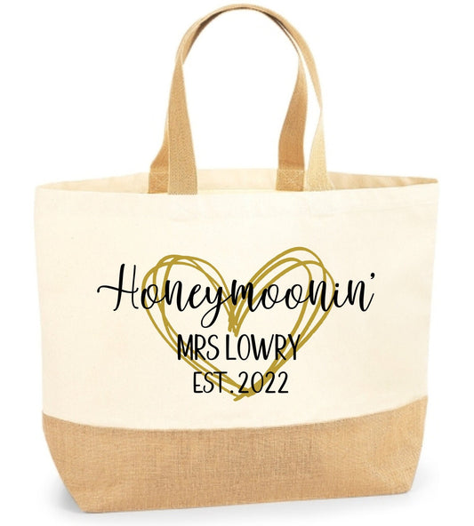 Canvas Beach Tote Bag, Honeymoon, Holiday, Heart, jute canvas natural, personalised shopper bag