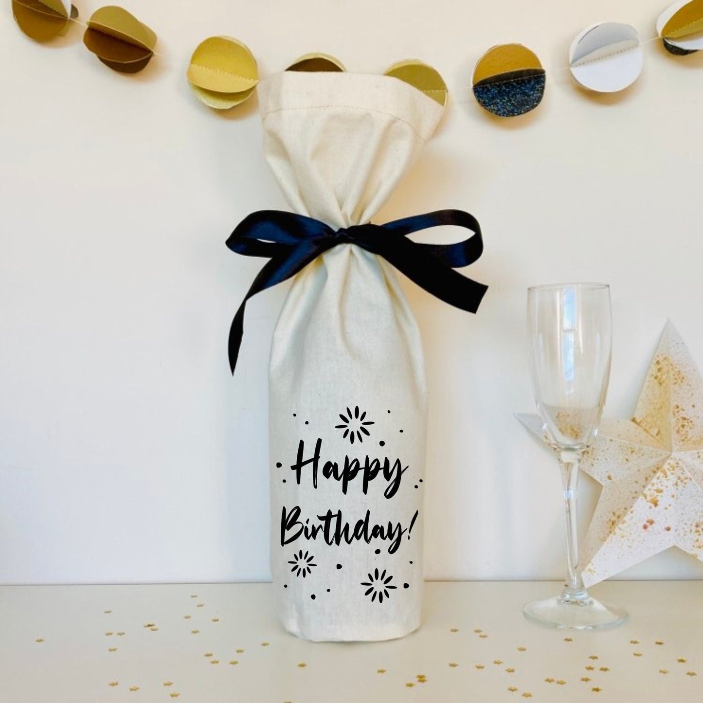 Birthday Celebration - Champagne or Wine Bottle Bag - black and natural calico - happy birthday - reusable cotton gift bag - eco friendly