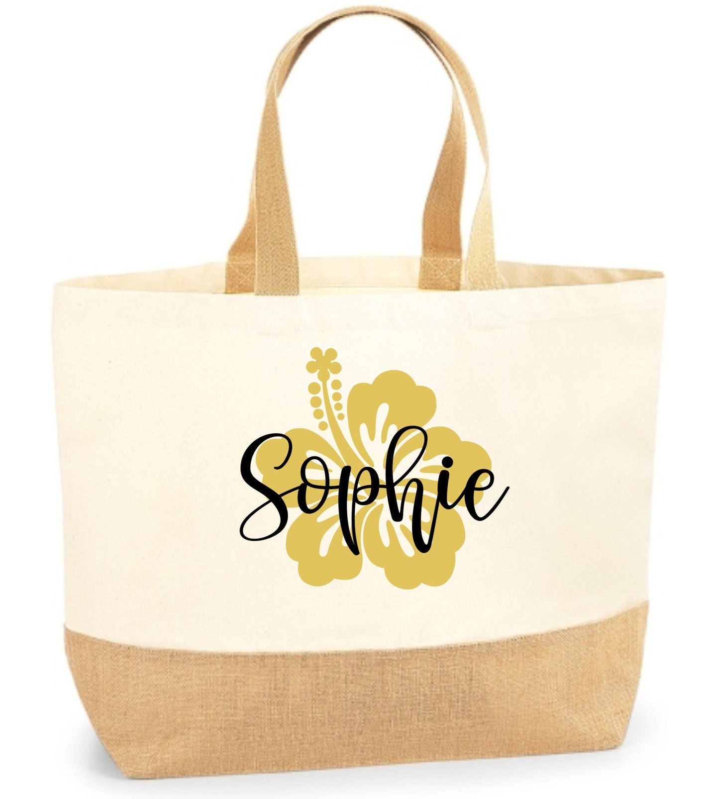Canvas Beach Tote Bag, Mrs Est year, Honeymoon, Holiday, tropical theme, gold hibiscus, jute canvas natural, personalised XL shopper bag