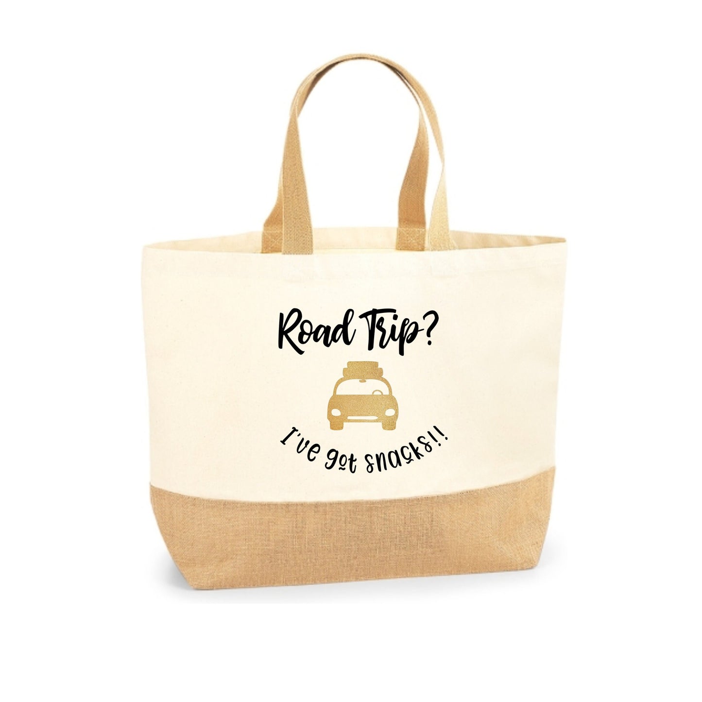 Road trip snack bag, Large Canvas Shopper Tote Bag, jute canvas natural, large beach bag, fun gift for travelling, family days out