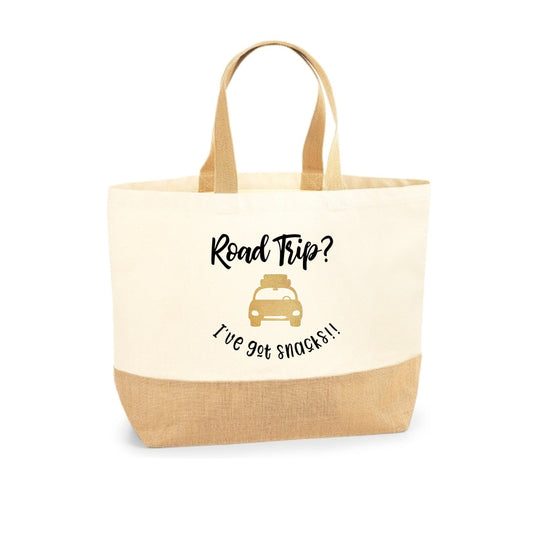 Road trip snack bag, Large Canvas Shopper Tote Bag, jute canvas natural, large beach bag, fun gift for travelling, family days out