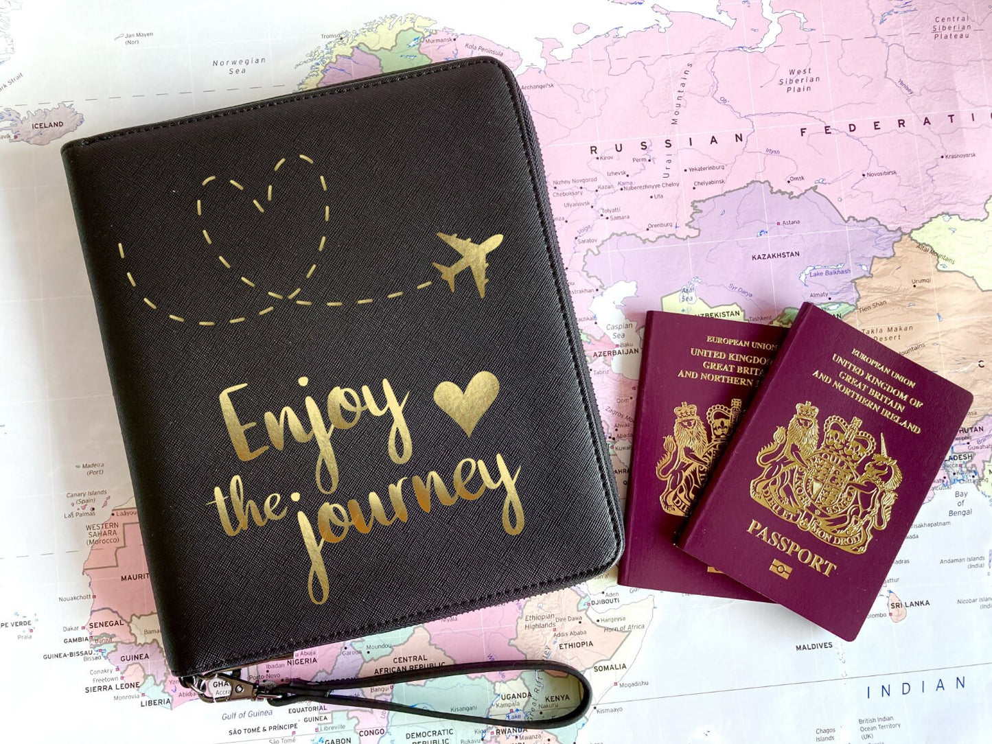 Travel document holder, enjoy the journey, gift for student, gap year, wedding gift, vegan faux leather, family holiday, travel wallet