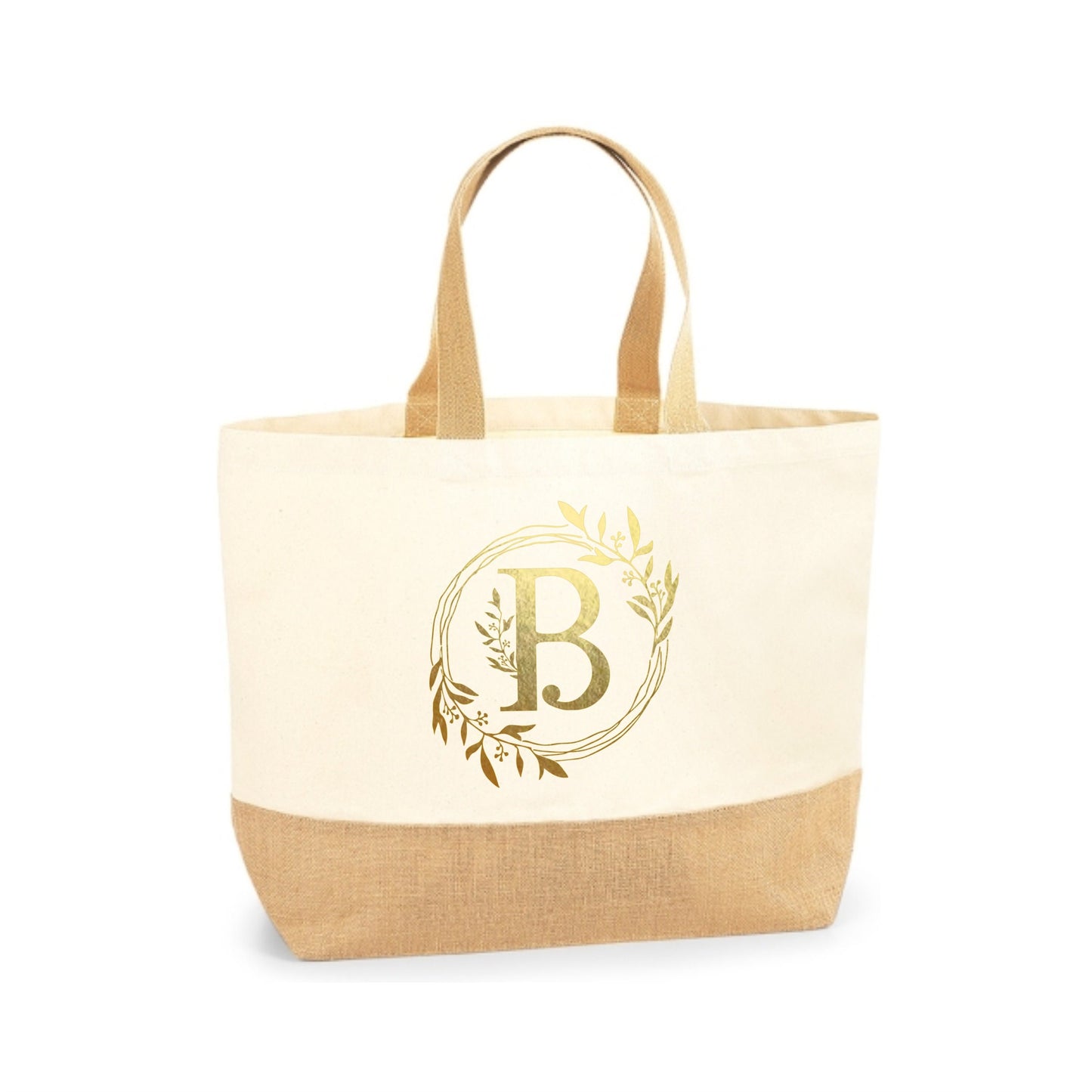 Holiday beach bag, personalised initial, pretty leaf monogram, Large Canvas Shopper, tote Bag, natural jute canvas, large summer bag