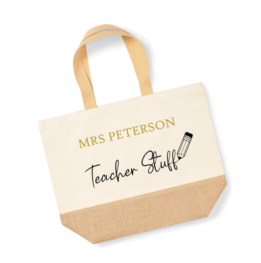 Important Teacher Stuff bag, personalised name, Large Canvas Shopper, tote Bag, natural jute canvas, large school bag, useful teacher gift,