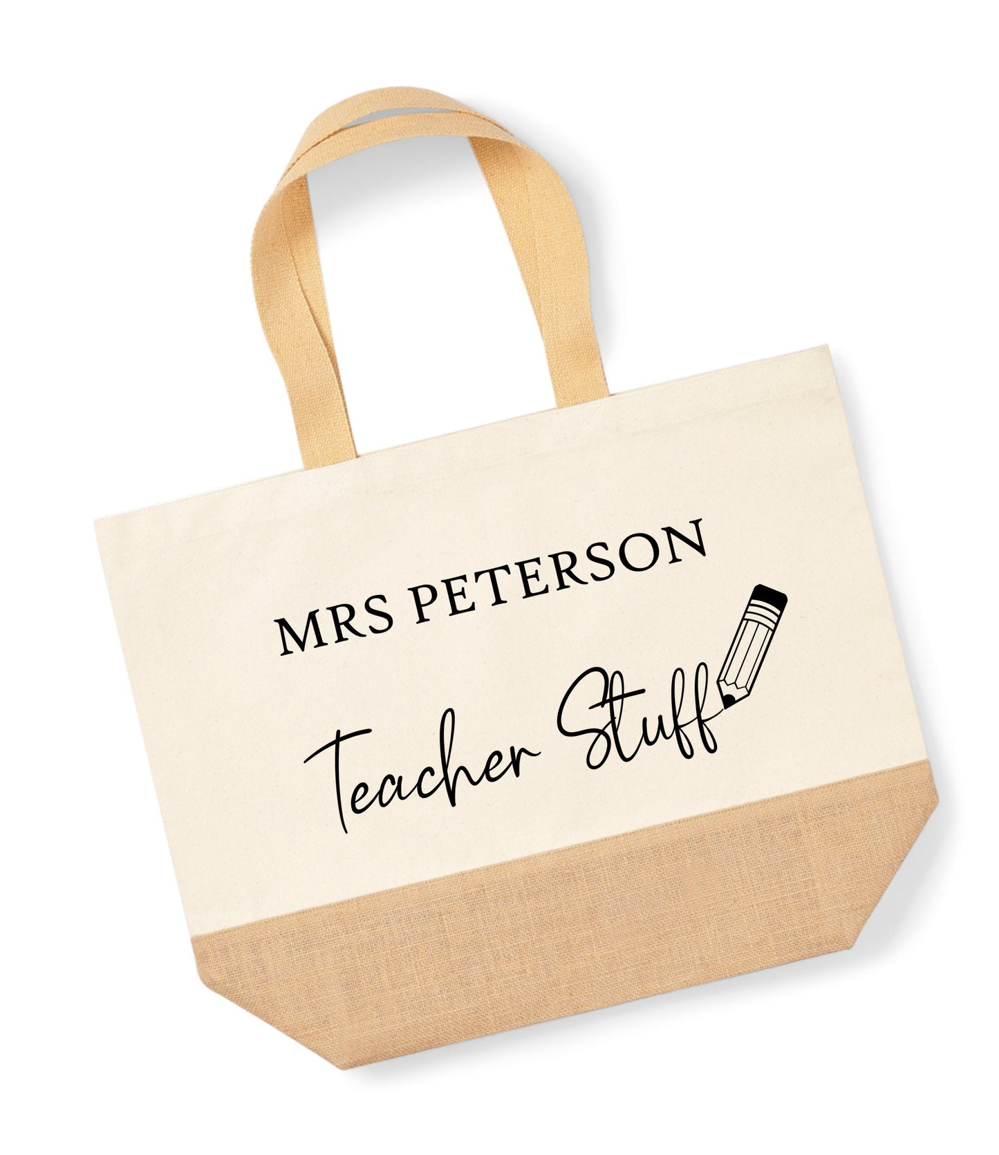 Important Teacher Stuff bag, personalised name, Large Canvas Shopper, tote Bag, natural jute canvas, large school bag, useful teacher gift,