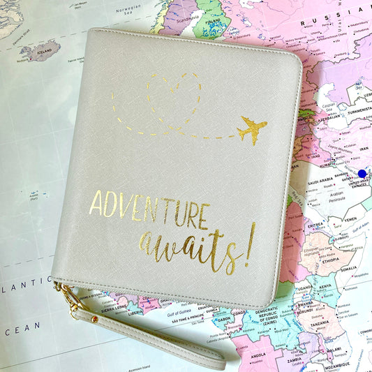 Travel document holder, adventure awaits, gift for student, gap year, wedding gift, vegan faux leather, family holiday, travel wallet