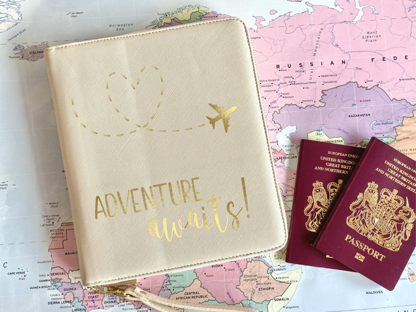 Travel document holder, adventure awaits, gift for student, gap year, wedding gift, vegan faux leather, family holiday, travel wallet