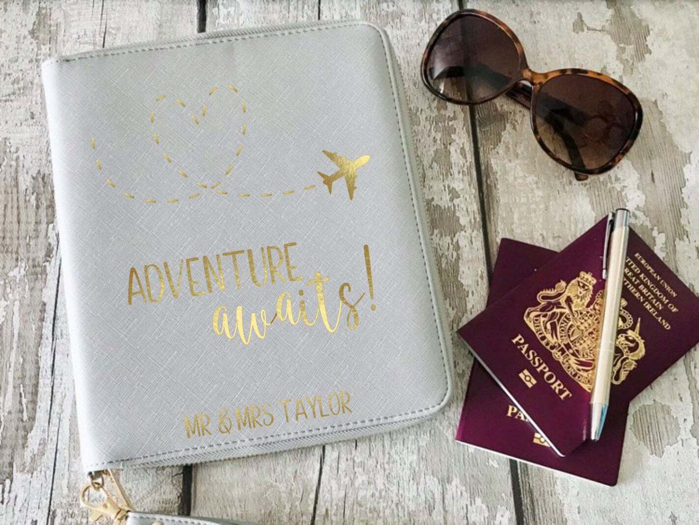 Travel document holder, adventure awaits, gift for couples, mr & mrs wedding gift, vegan faux leather, family holiday organiser, folder
