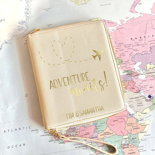 Travel document holder, adventure awaits, gift for couples, mr & mrs wedding gift, vegan faux leather, family holiday organiser, folder