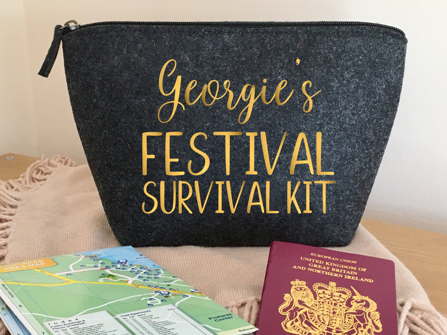 Personalised Festival Survival Kit, grey felt zip pouch for cosmetics, toiletries, camping travel bag, student gift