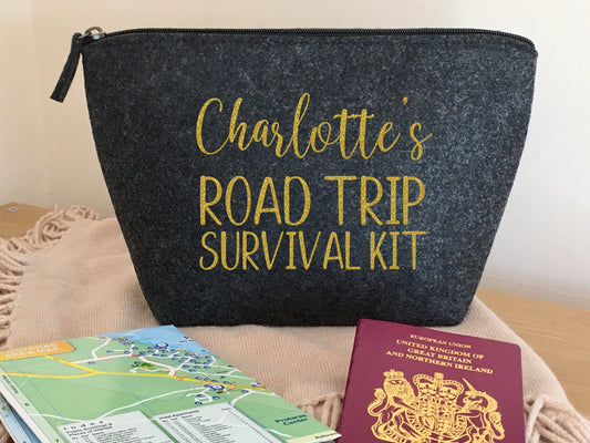 Custom *Name* Road Trip Survival Kit grey felt zip pouch for passport, travel documents, holiday travel bag, student gift