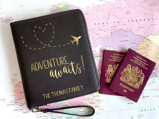 Travel document holder, adventure awaits, gift for couples, mr & mrs wedding gift, vegan faux leather, family holiday organiser, folder