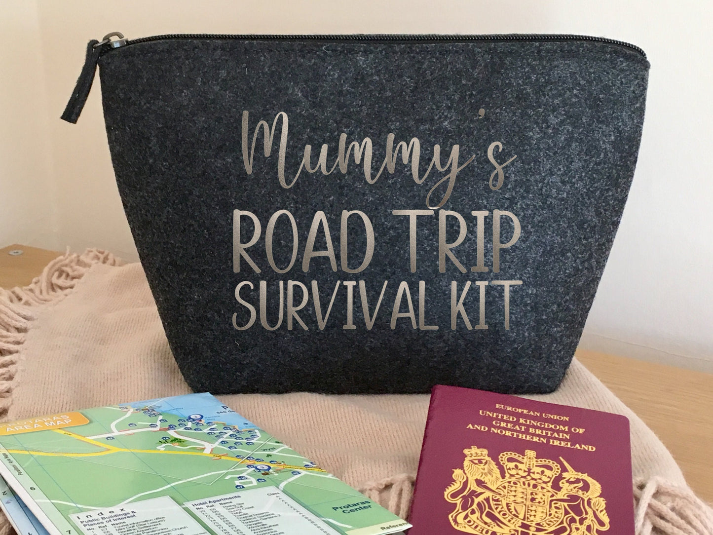 Custom *Name* Road Trip Survival Kit grey felt zip pouch for passport, travel documents, holiday travel bag, student gift