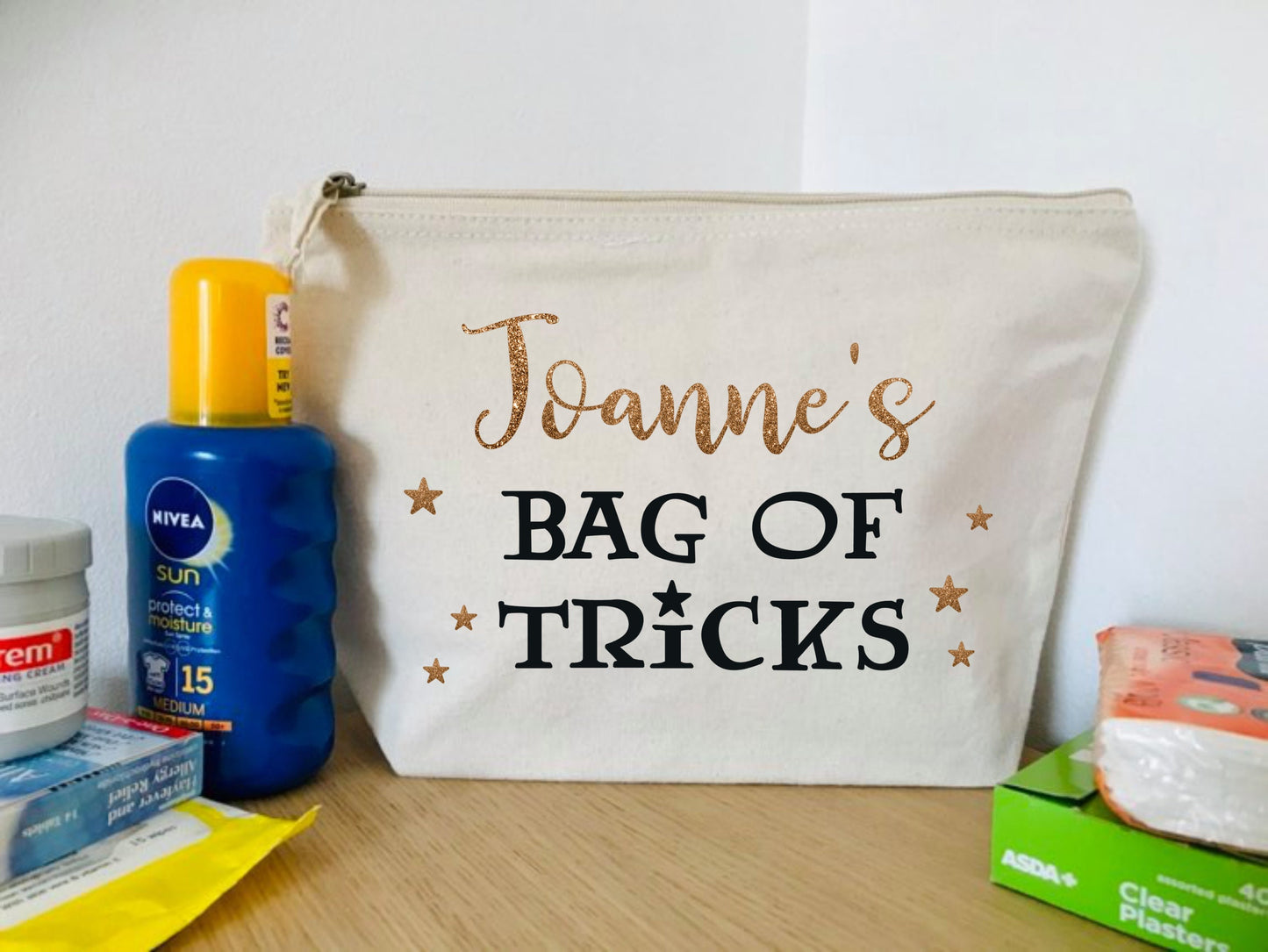 Bag of Tricks - Personalised with name - Canvas bag, mums day out kit, zip pouch, emergency bag