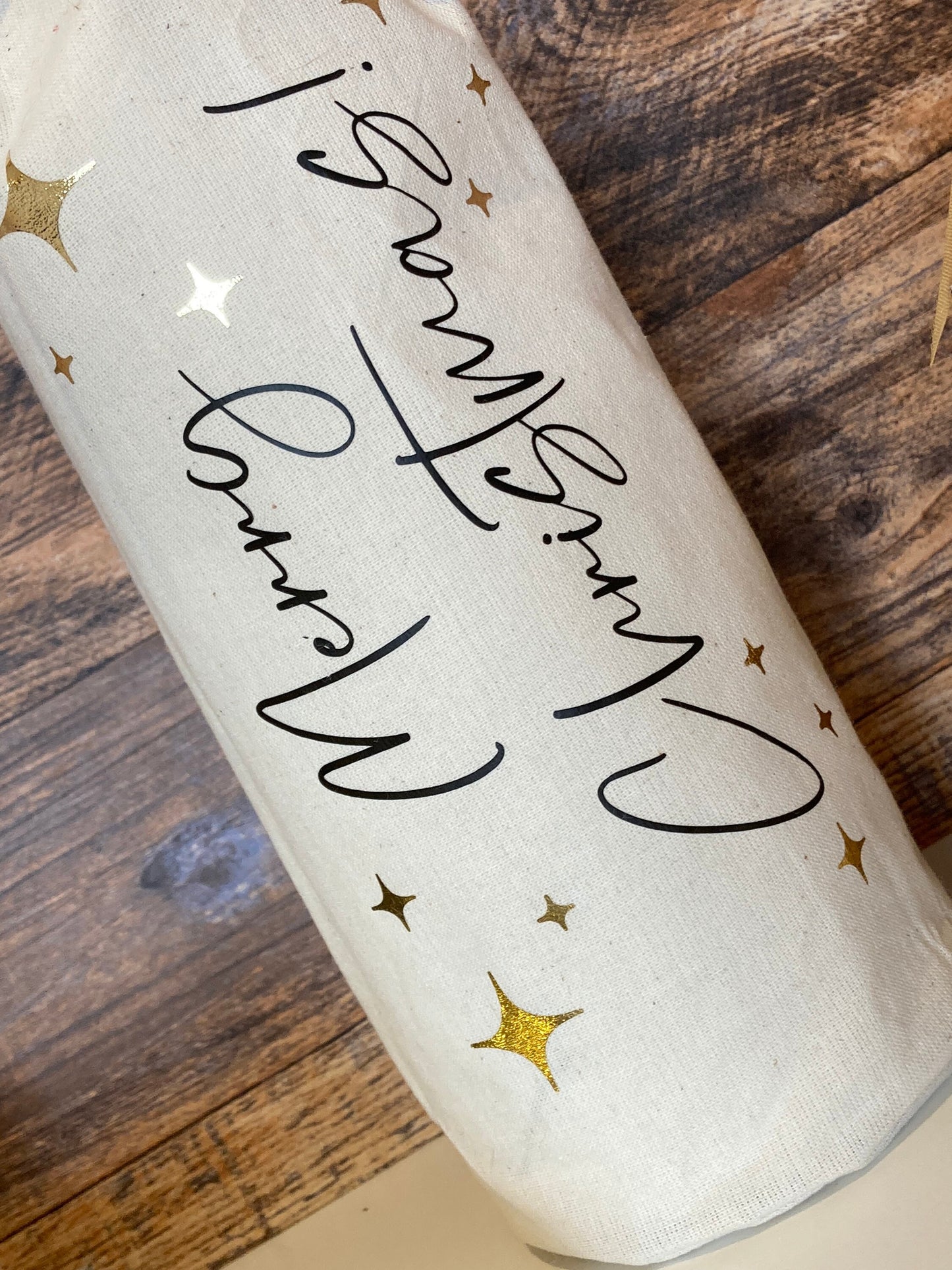 Merry Christmas, Champagne or Wine Bottle Bag, natural calico, reusable cotton gift bag, personalised, rustic design, black and gold