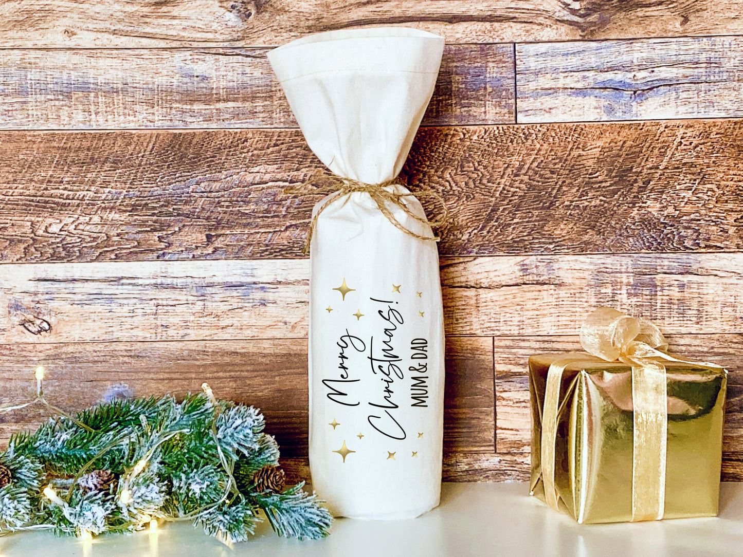 Merry Christmas, Champagne or Wine Bottle Bag, natural calico, reusable cotton gift bag, personalised, rustic design, black and gold
