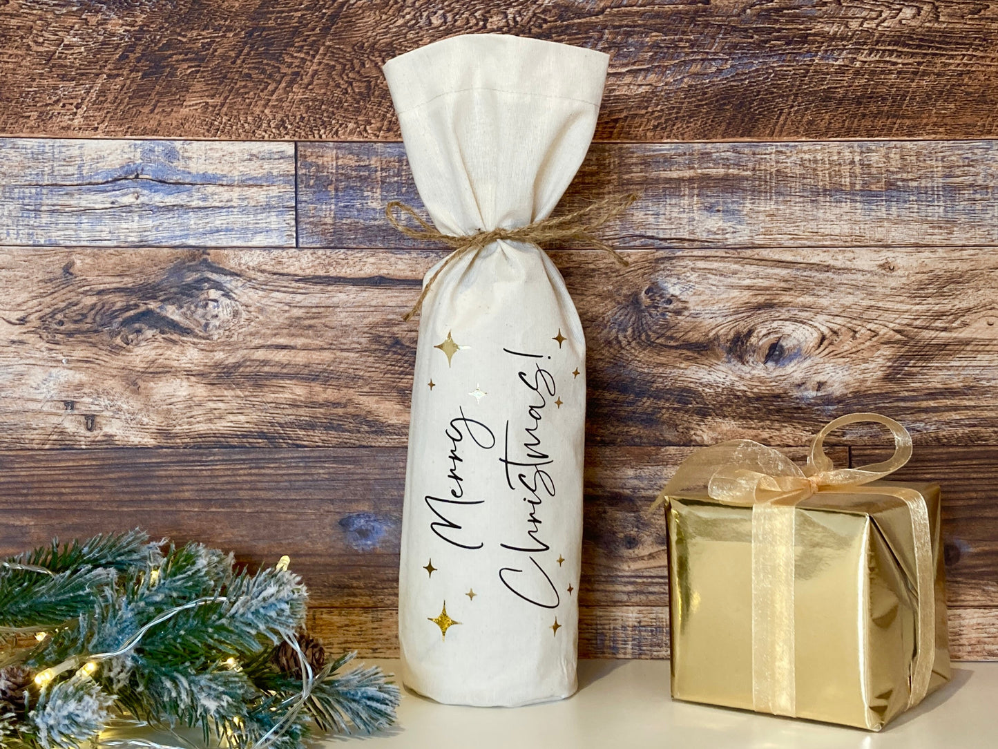 Merry Christmas, Champagne or Wine Bottle Bag, natural calico, reusable cotton gift bag, personalised, rustic design, black and gold