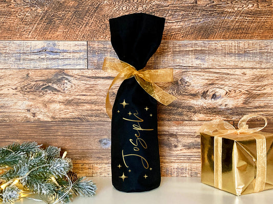 Personalised Champagne or Wine Bottle Bag, black cotton, reusable cotton gift bag, personalised, festive black and gold