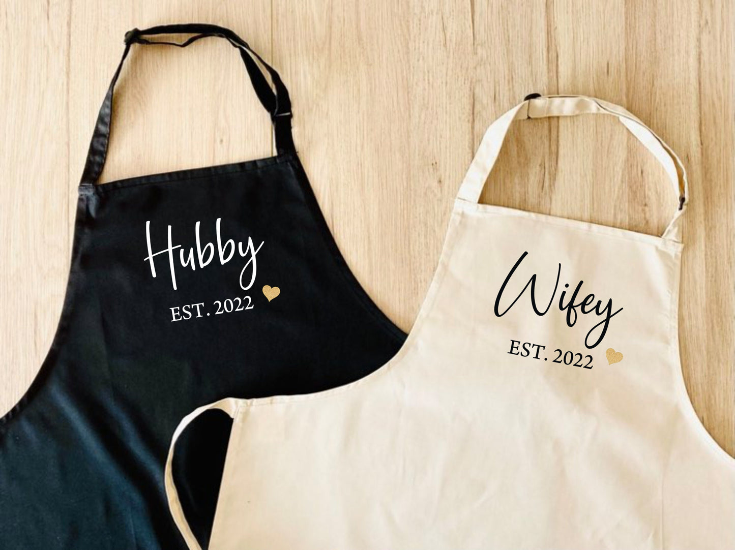 Couples Set of 2 Aprons - Hubby Wifey - Personalised 2nd Wedding Anniversary Gift -  Est year - wedding present husband wife