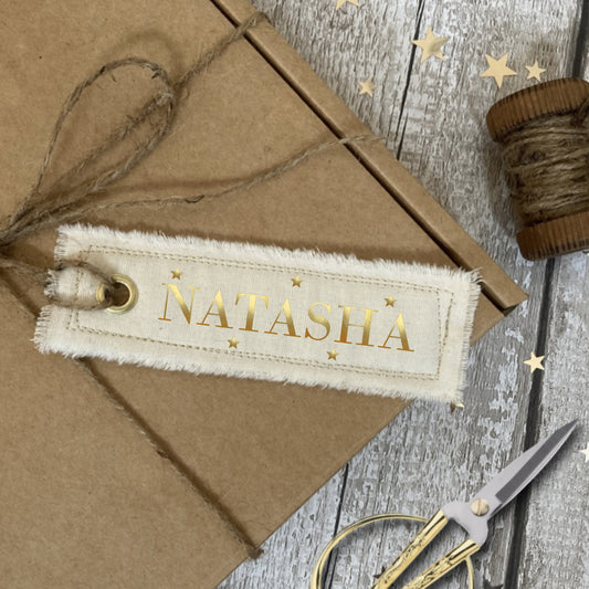 Personalised Fabric gift tag, Gold Foiled Name or word, storage labels, home organisation, office or craft room, fabric labels