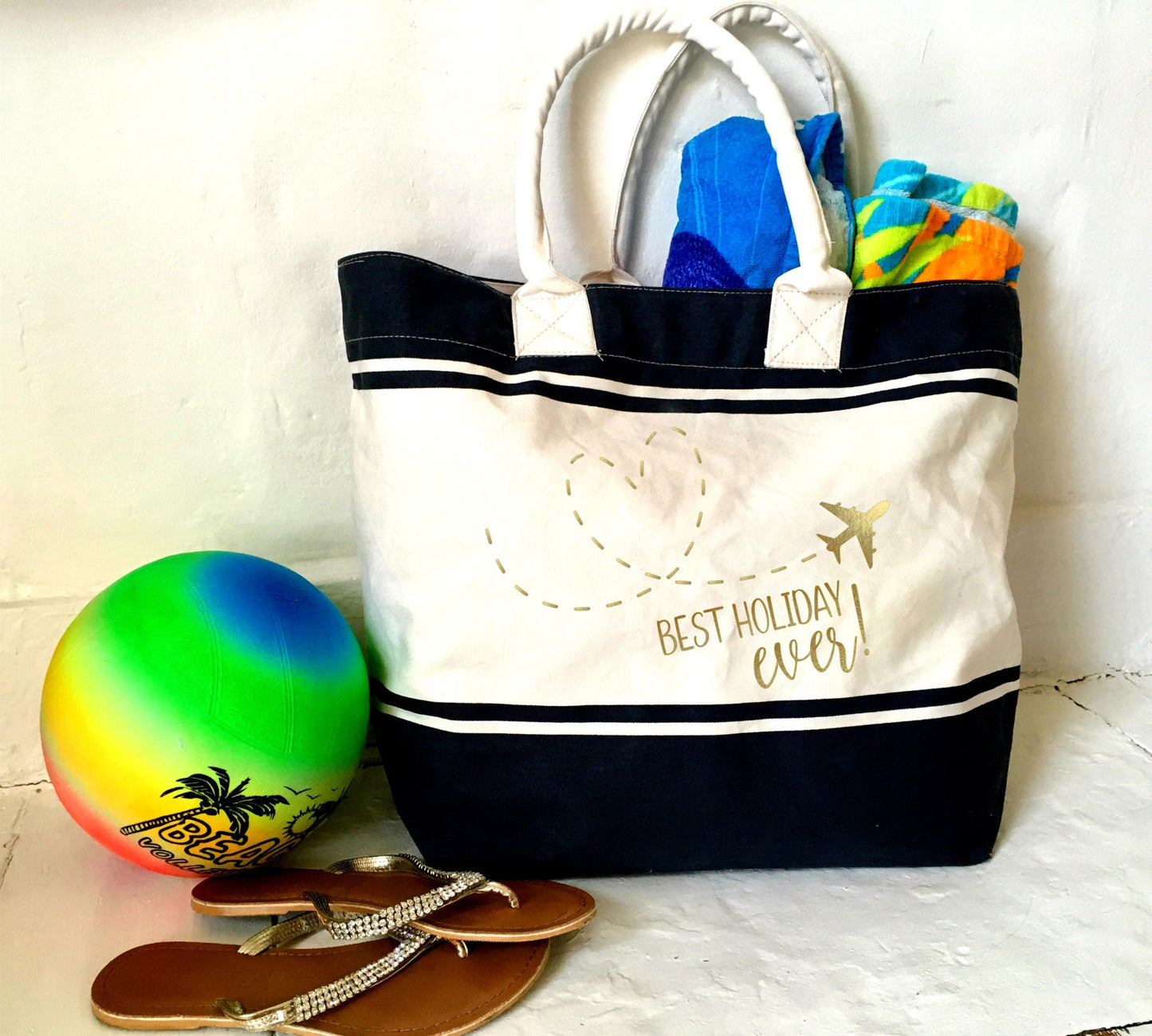 Canvas Beach Tote Bag, Holiday, navy blue stripe, nautical personalised vacation bag, best holiday ever