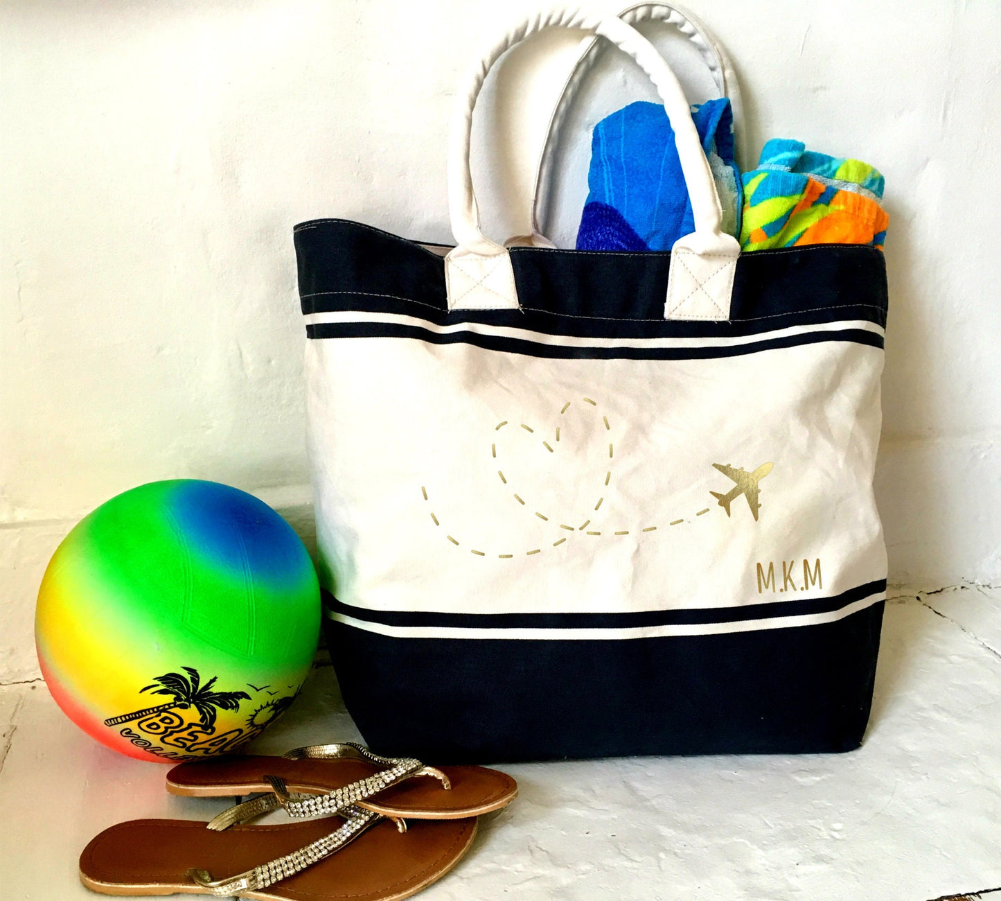 Canvas Beach Tote Bag, Holiday, navy blue stripe, nautical personalised vacation bag, best holiday ever