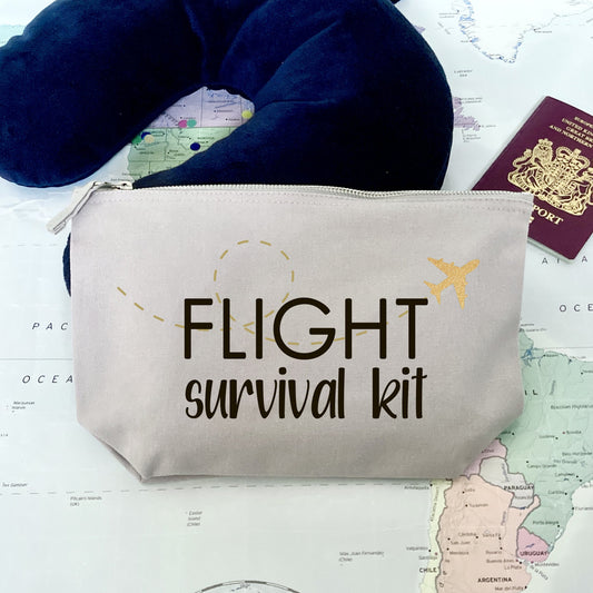Flight Survival Kit, canvas zip pouch, travel essentials, gift for travellers, Long haul flight bag, In-Flight Bag