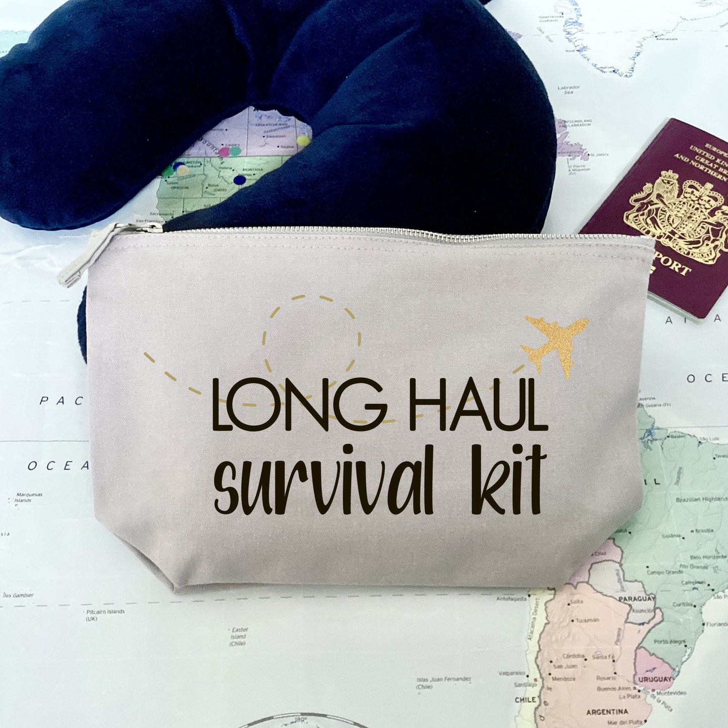 Flight Survival Kit, canvas zip pouch, travel essentials, gift for travellers, Long haul flight bag, In-Flight Bag