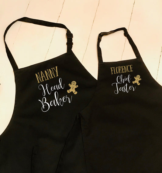 Head Baker/Chief Taster Gingerbread Apron Set for ADULT & CHILD - Personalised with name - Mum Dad Grandparent Kids Christmas Baking Apron