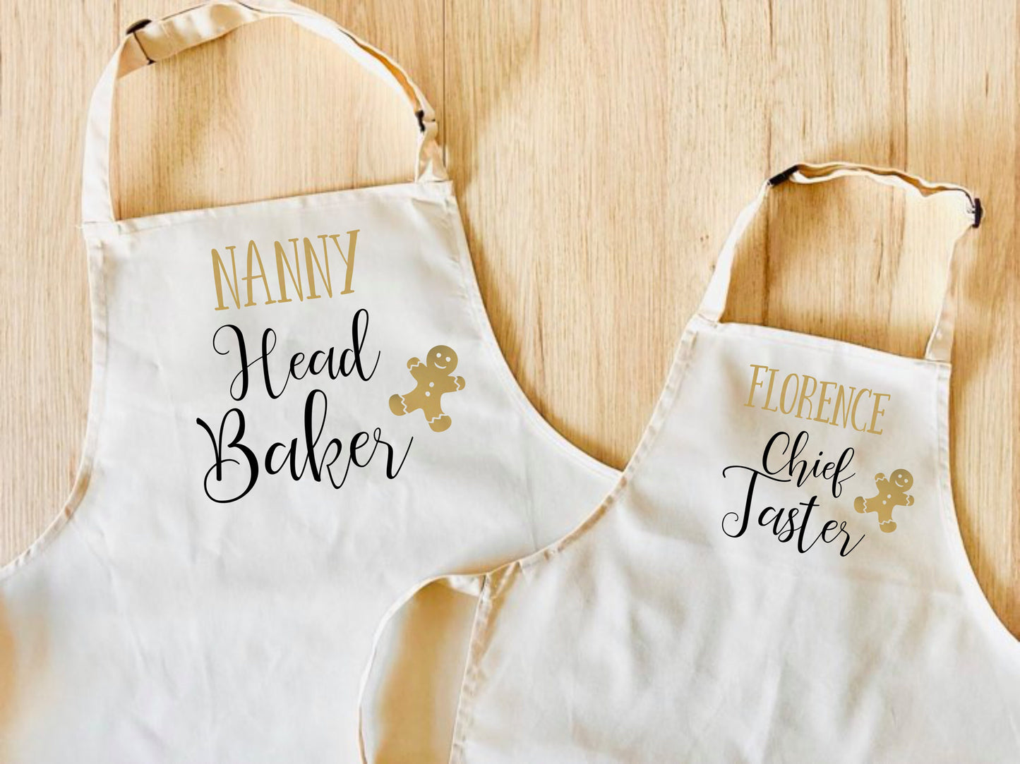 Head Baker/Chief Taster Gingerbread Apron Set for ADULT & CHILD - Personalised with name - Mum Dad Grandparent Kids Christmas Baking Apron